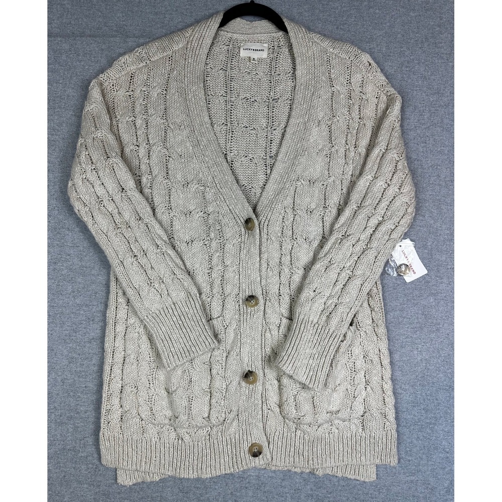 $99 Lucky‎ Brand Cable Knit Long Cardigan Sweater Womens M Tan Button Front NEW